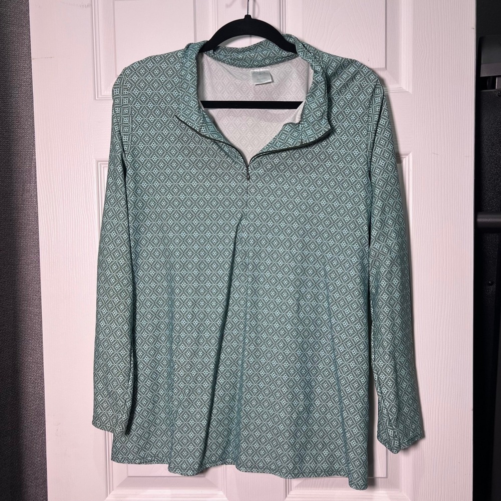 Kona Sol Geo Print Quarter Zip Pullover Top Blouse Teal Womens Size L
